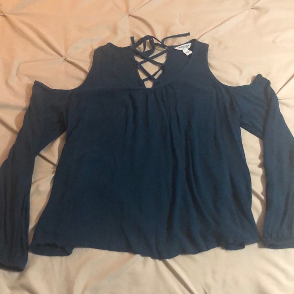 Open Shoulder, Lace Up Back, Long Sleeve Blouse - Picture 1 of 3